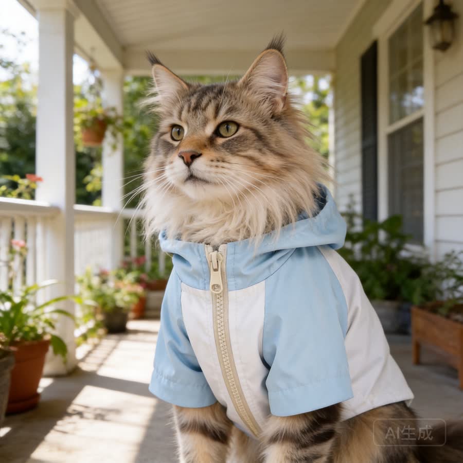 Maine Coon cat with Pet Windbreaker Jacket in a covered porch with plants