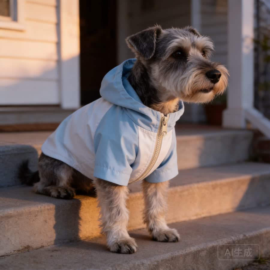 mini schnauzer with Pet Windbreaker Jacket in a front step in soft evening light