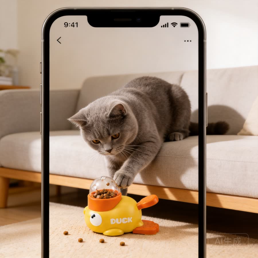 British shorthair cat with Press-and-Treat Pet Toy in a low sofa in natural light