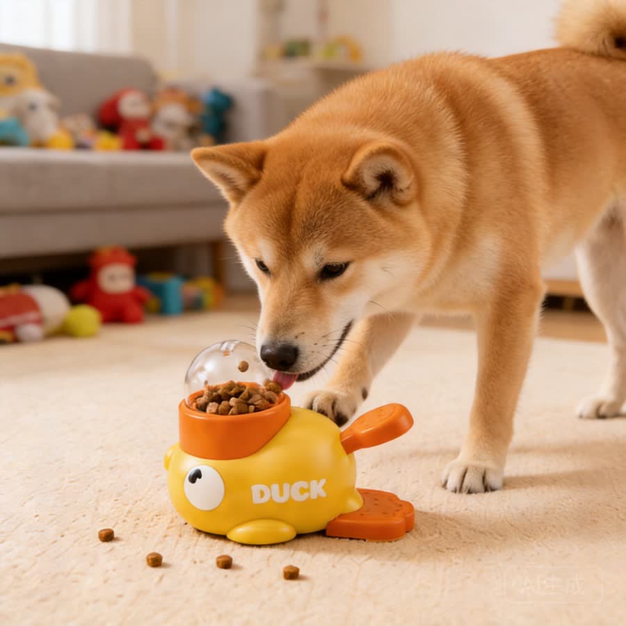 Shiba Inu with Press-and-Treat Pet Toy in a living room with toys in the background