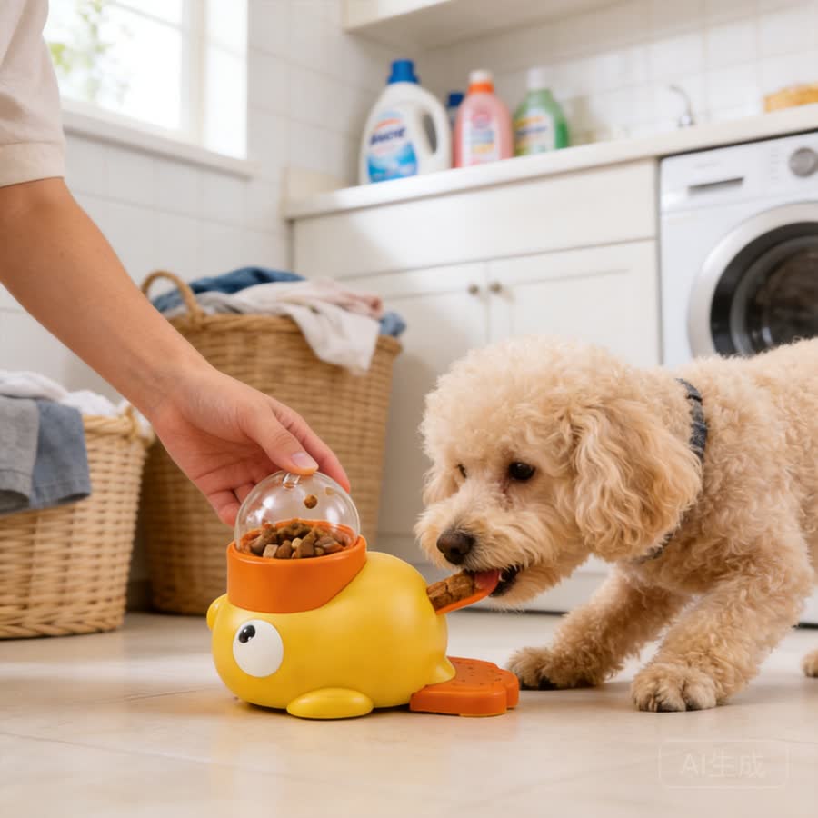 toy poodle with Press-and-Treat Pet Toy in a bright laundry room