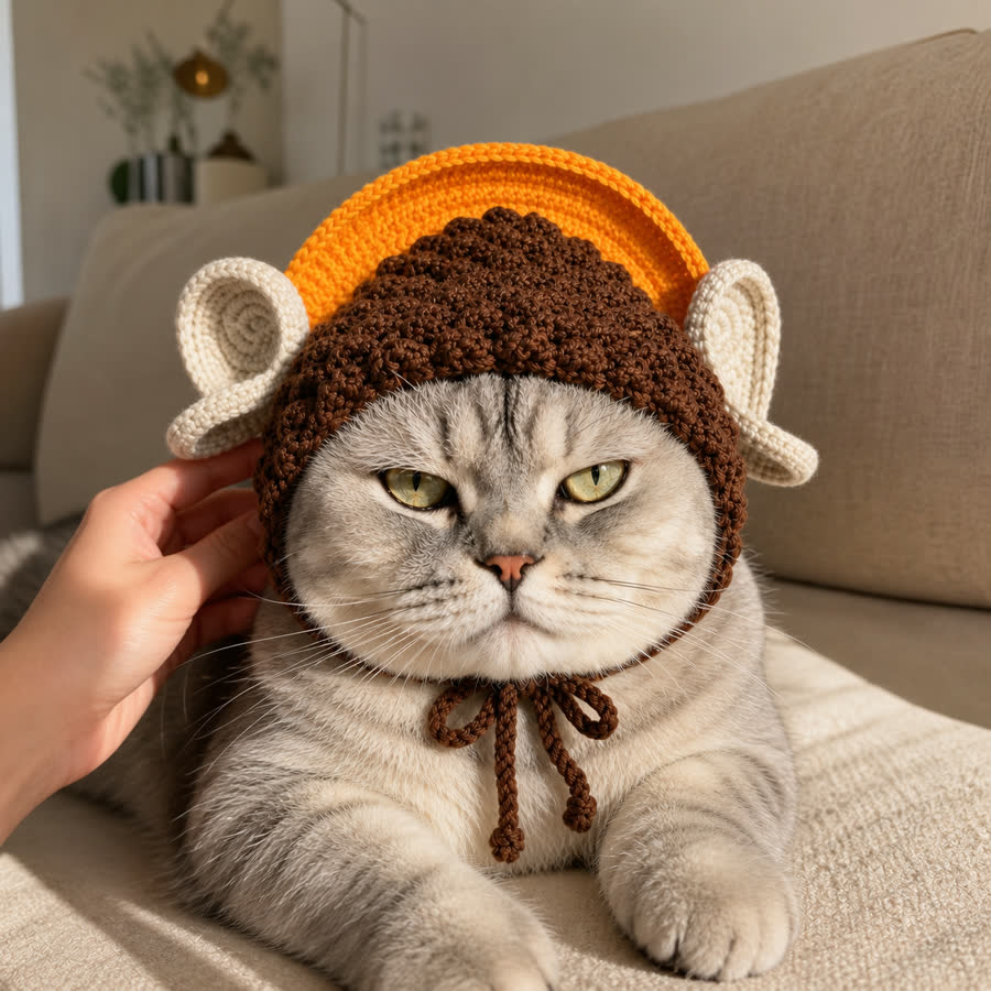 British shorthair cat wearing the Rulai Buddha Pet Hat on a sofa