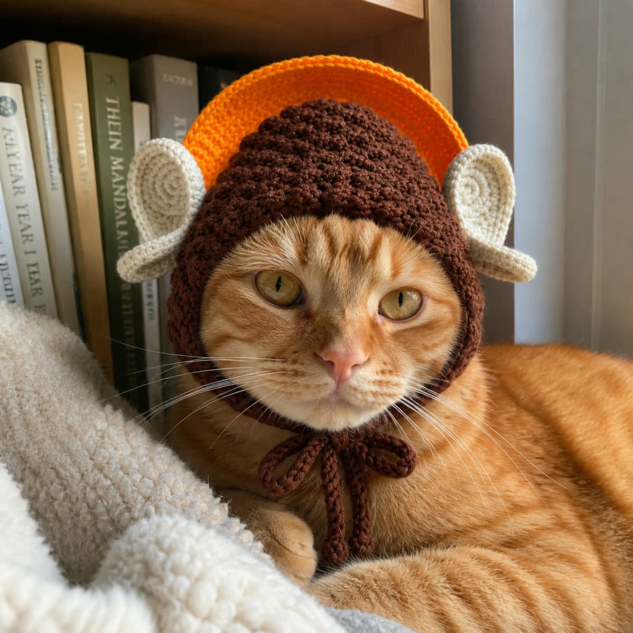Orange tabby cat wearing the Rulai Buddha Pet Hat near a shelf