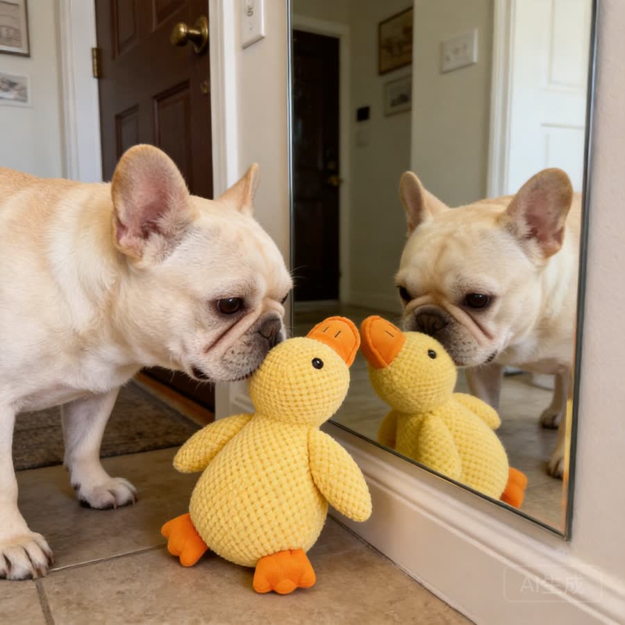 cream French bulldog with Squeaky Duck Pet Toy in a apartment entryway mirror