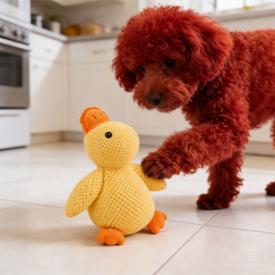 red mini poodle with Squeaky Duck Pet Toy in a bright kitchen floor