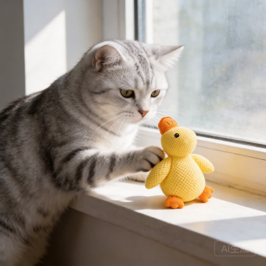 silver tabby cat with Squeaky Duck Pet Toy in a window ledge with afternoon light