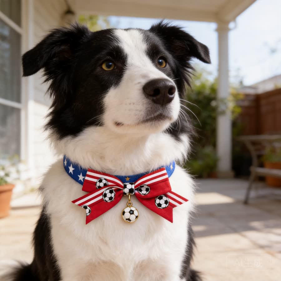 black-and-white border collie with Summer Football Adjustable Pet Collar in a back patio after a walk