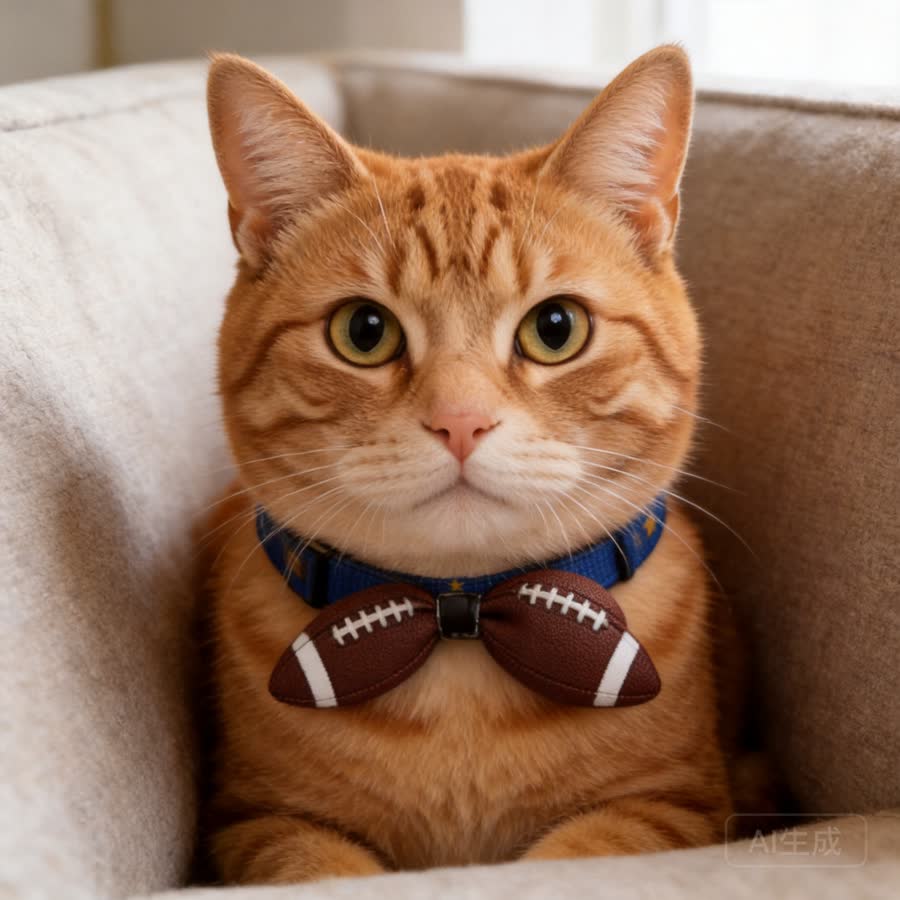 orange tabby cat with Summer Football Adjustable Pet Collar in a cozy sofa corner