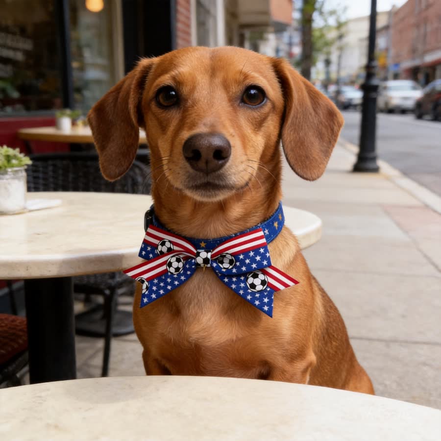 small tan dachshund with Summer Football Adjustable Pet Collar in a sidewalk cafe table