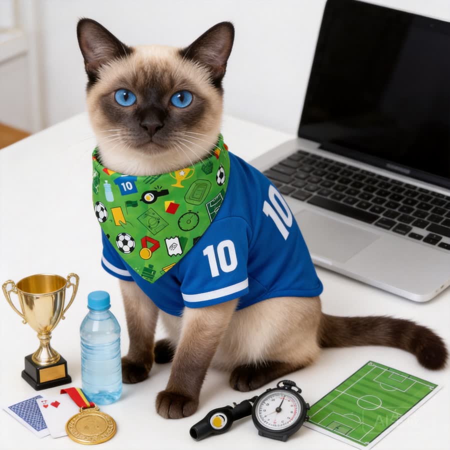 blue point Siamese cat with Summer Football Pet Bandana in a clean desk beside a laptop