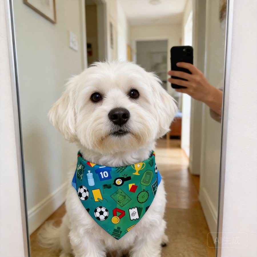 fluffy white Maltese with Summer Football Pet Bandana in a hallway mirror selfie setup