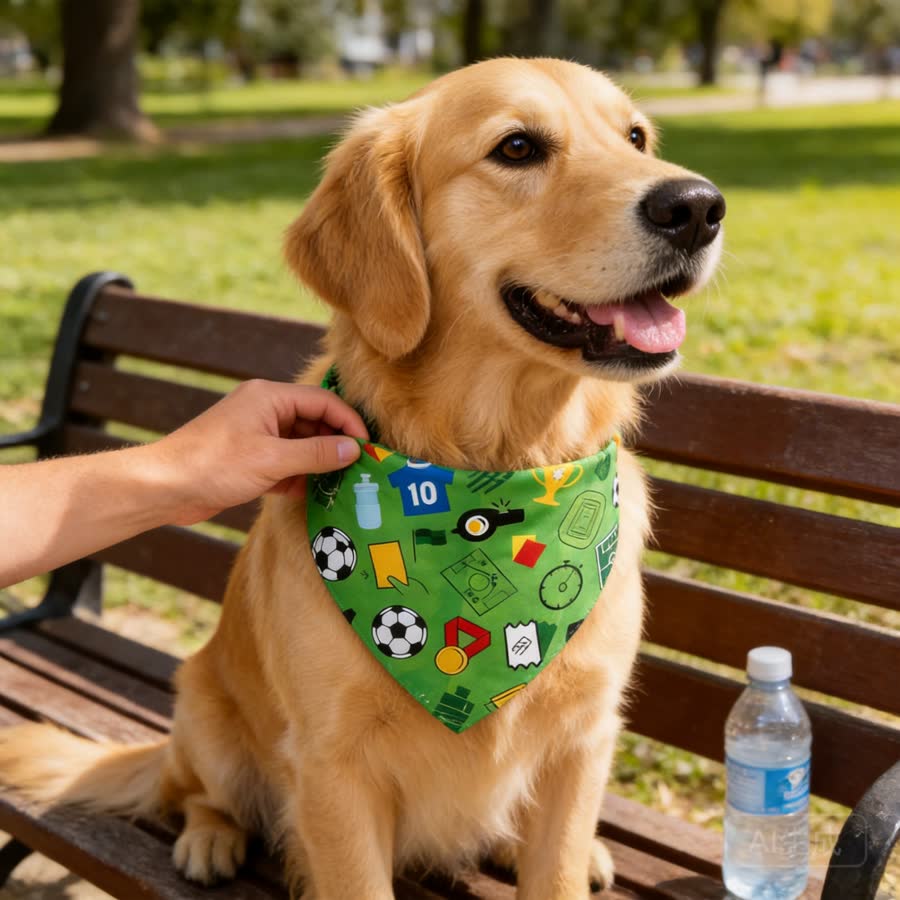 golden retriever puppy with Summer Football Pet Bandana in a sunny park bench