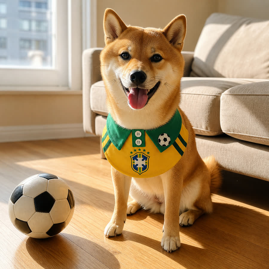 Shiba Inu wearing the Summer Football Pet Bib at home