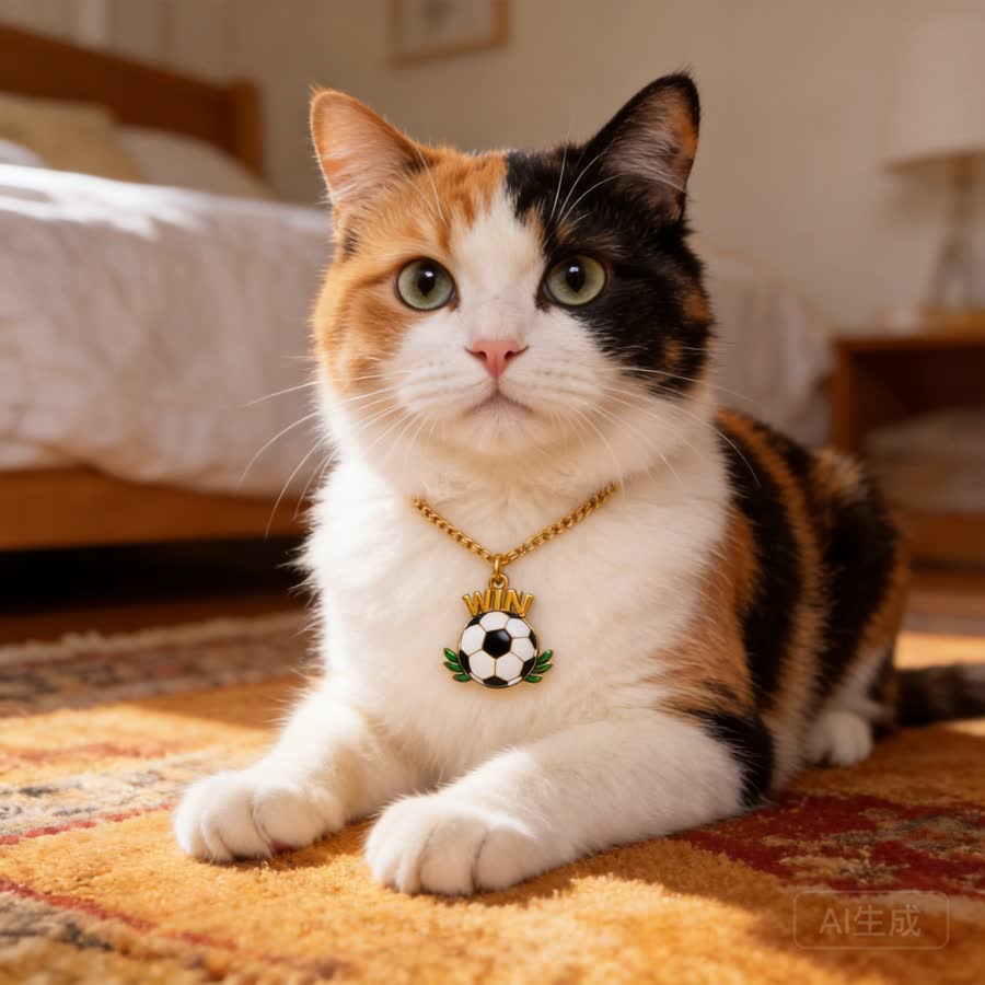 calico cat with Summer Football Pet Charm Necklace in a warm bedroom rug