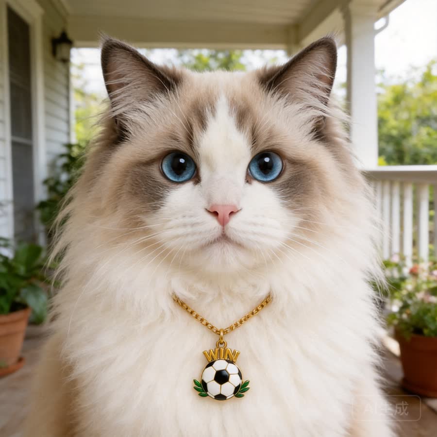 Maine Coon cat with Summer Football Pet Charm Necklace in a covered porch with plants