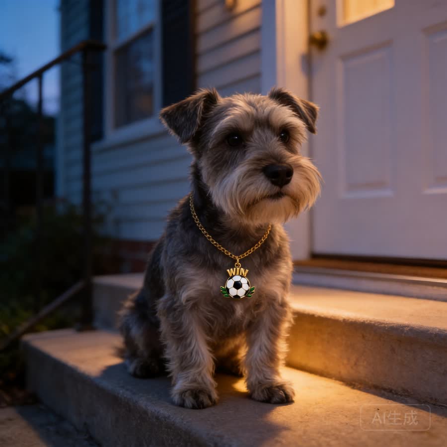 mini schnauzer with Summer Football Pet Charm Necklace in a front step in soft evening light