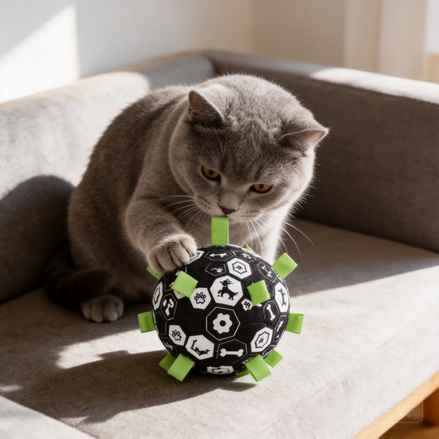 British shorthair cat with Summer Football Pet Toy in a low sofa in natural light
