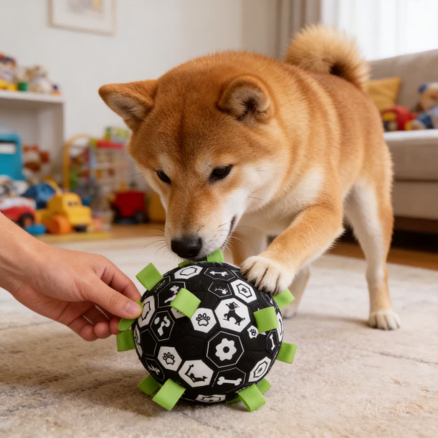Shiba Inu with Summer Football Pet Toy in a living room with toys in the background