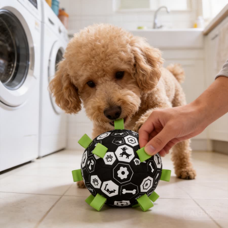 toy poodle with Summer Football Pet Toy in a bright laundry room