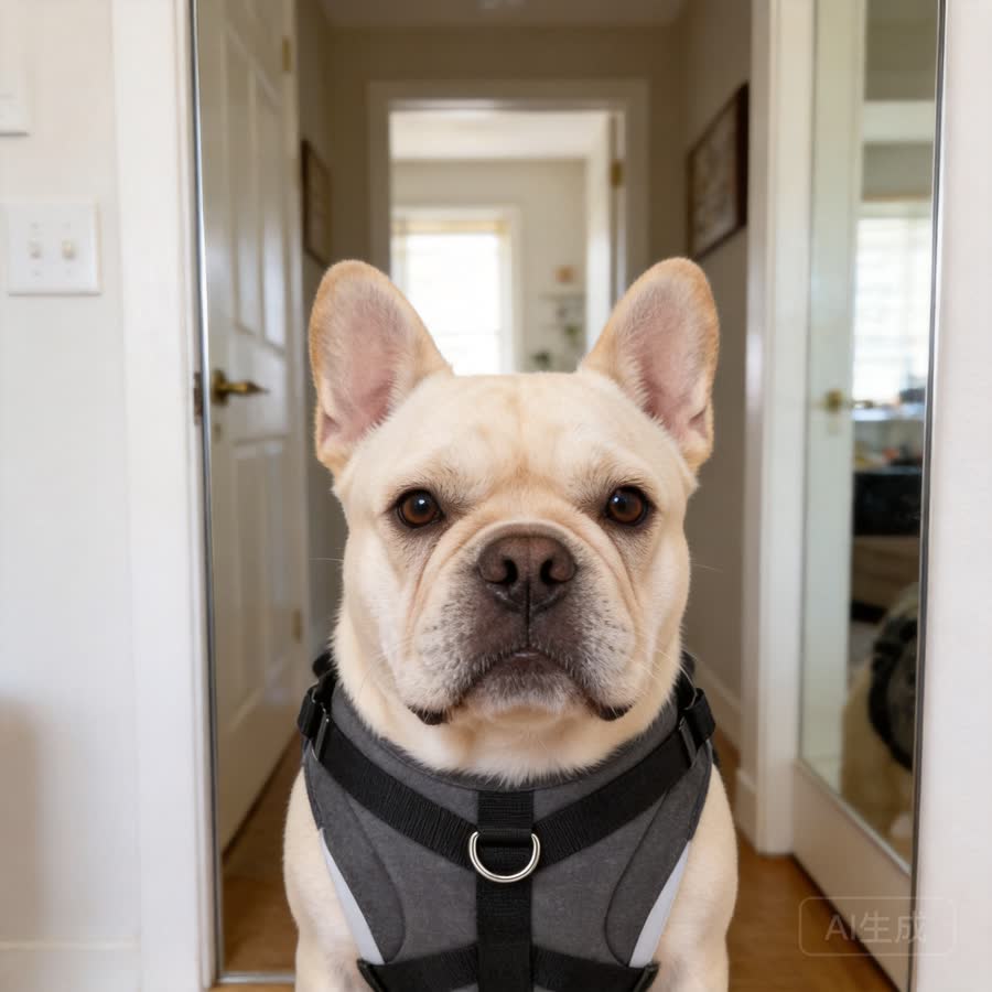 cream French bulldog with Utility Pet Vest in a apartment entryway mirror