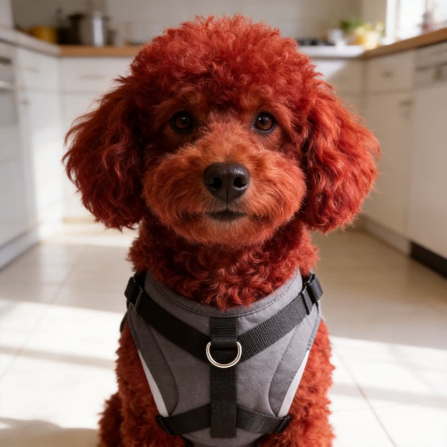 red mini poodle with Utility Pet Vest in a bright kitchen floor