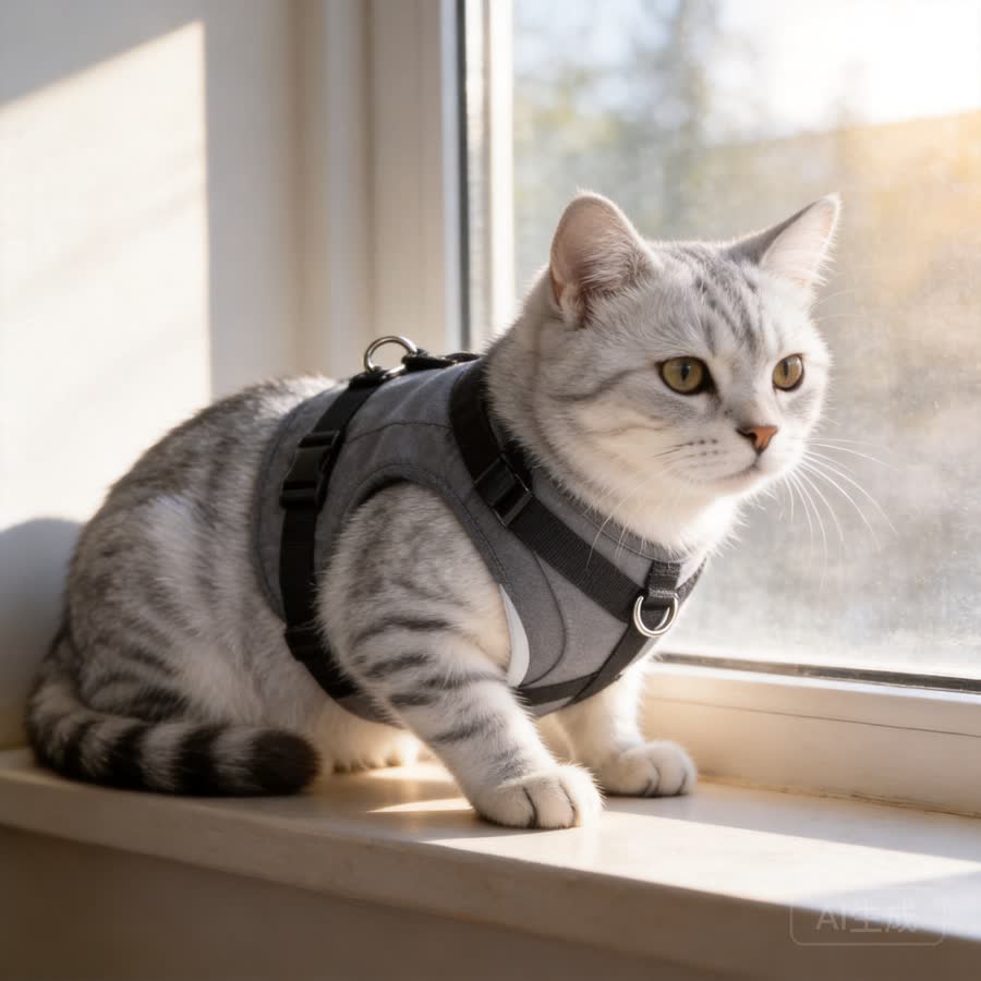 silver tabby cat with Utility Pet Vest in a window ledge with afternoon light
