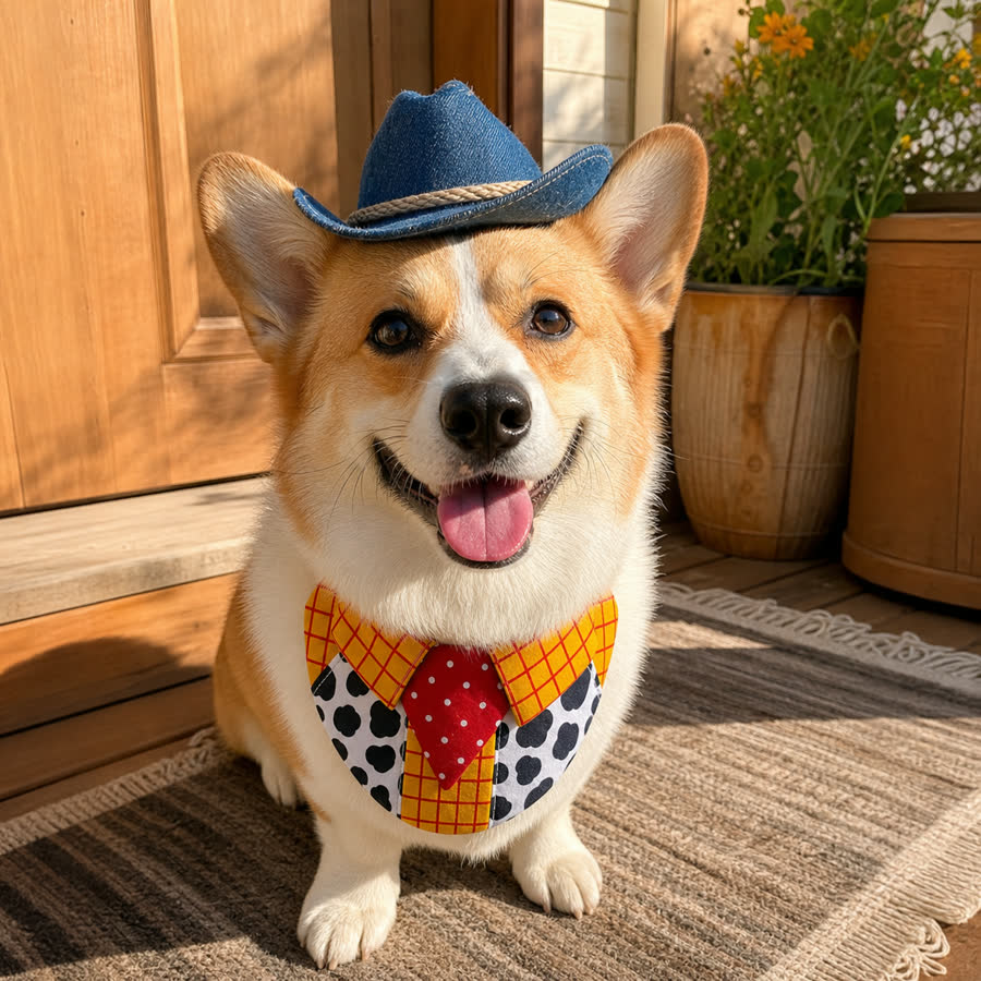 Corgi wearing the Yellow Plaid Pet Bib with a denim cowboy hat