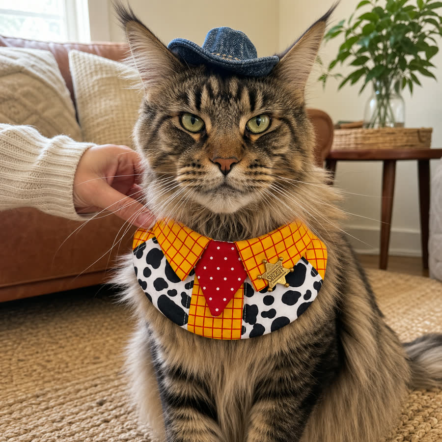 Maine Coon cat wearing the Yellow Plaid Pet Bib with a denim cowboy hat