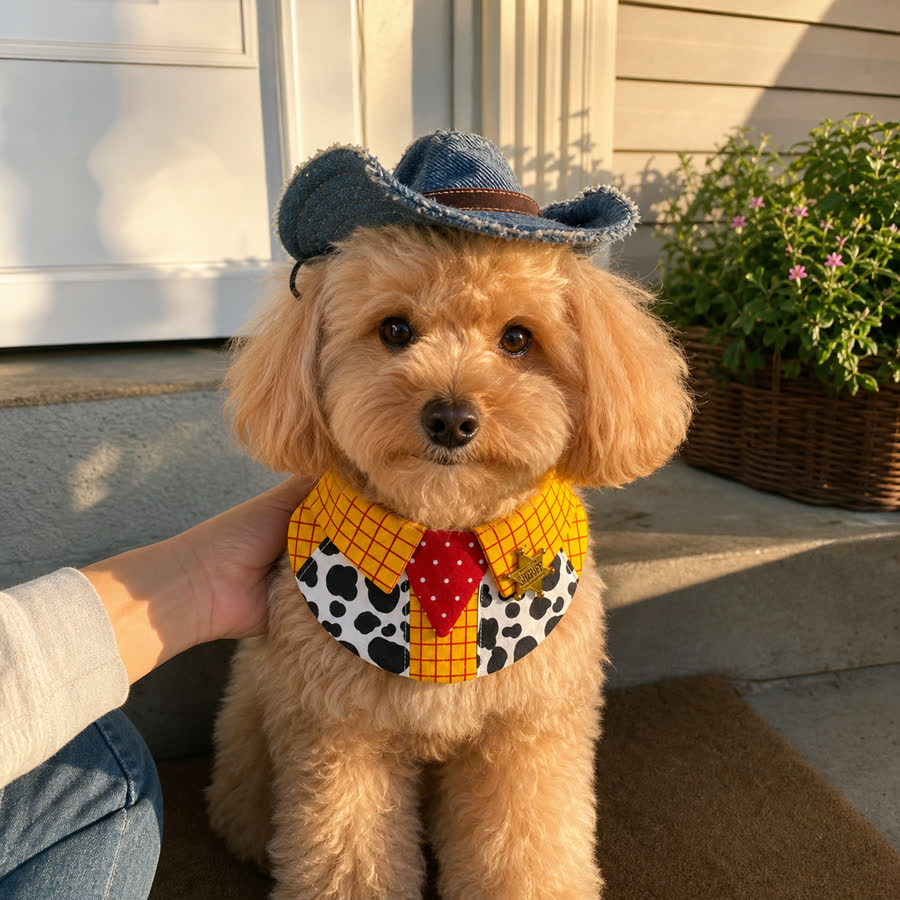 Toy poodle wearing the Yellow Plaid Pet Bib with a denim cowboy hat