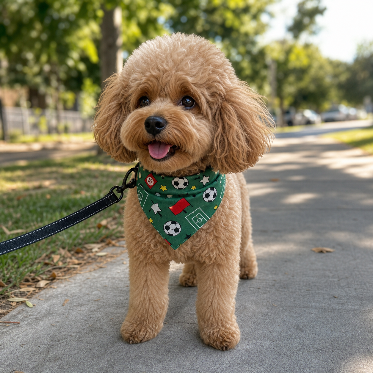 Poodle wearing a green football pet bandana outdoors
