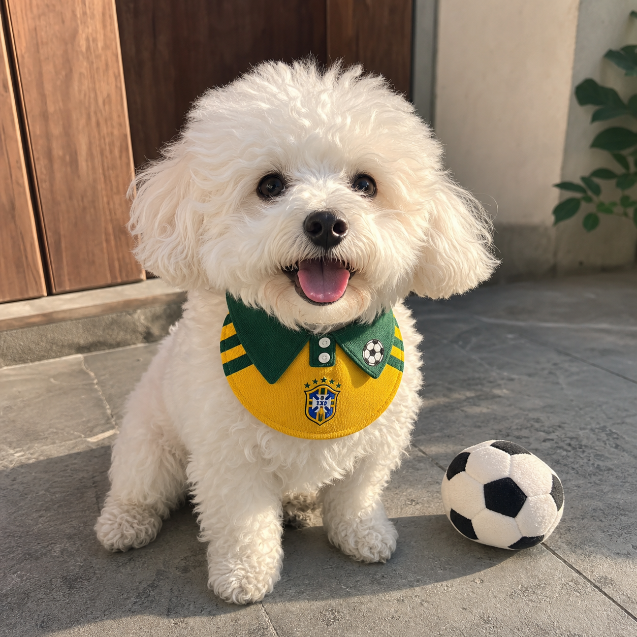 Small white dog wearing a yellow and green pet bib near a toy ball