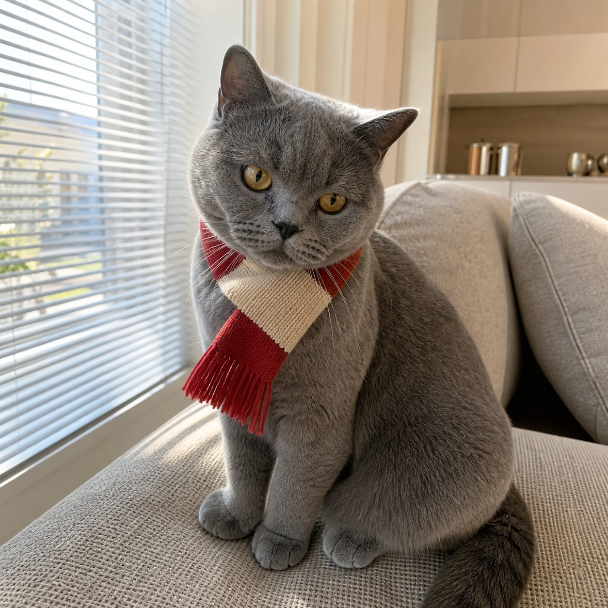 Gray cat wearing a red and cream scarf on a sofa