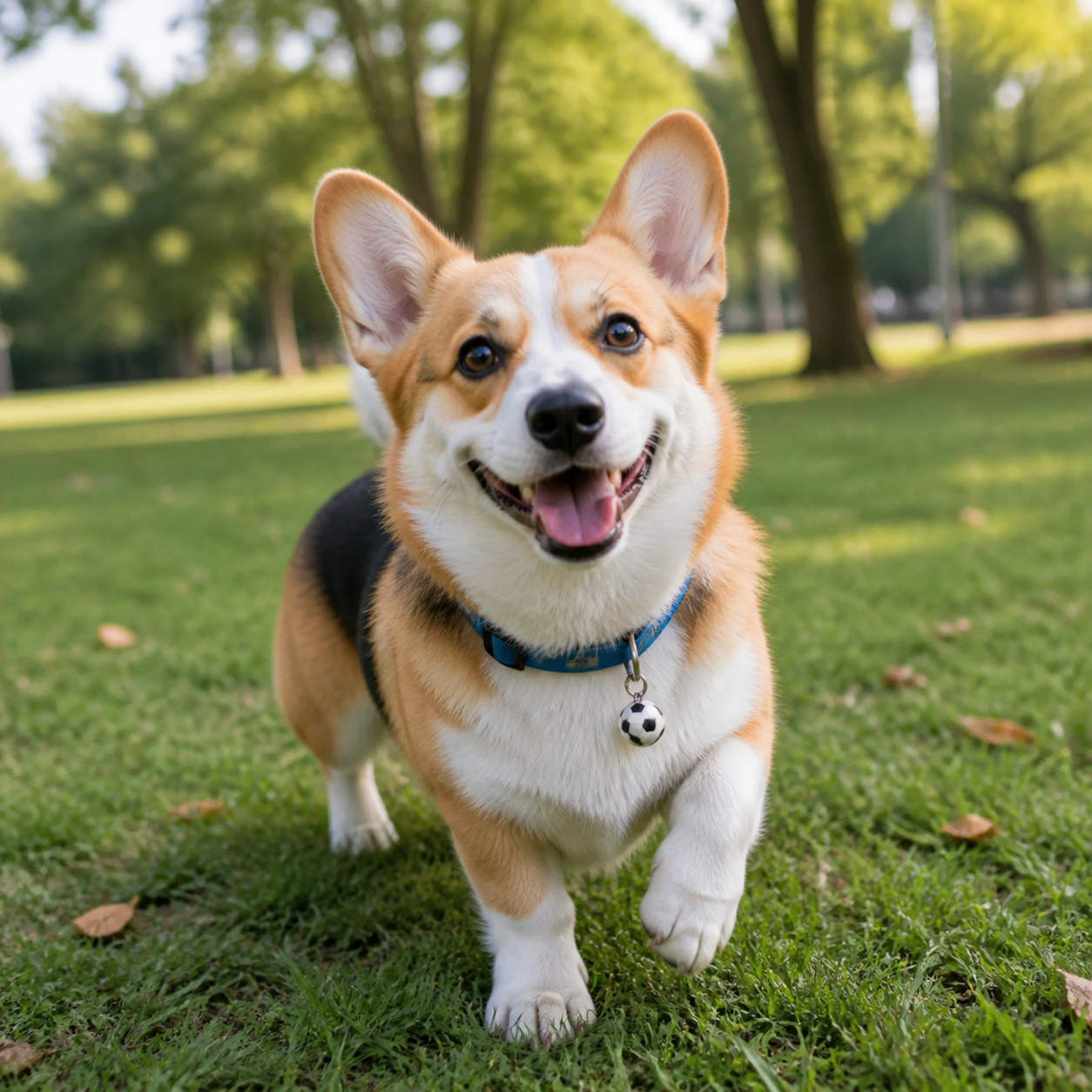 Corgi wearing a blue collar with a small football charm in a park