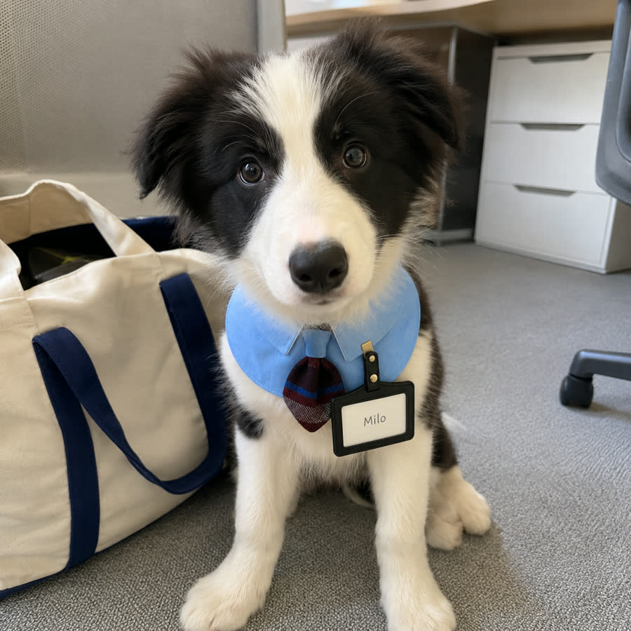 Border collie wearing an academy blue shirt pet bib near a desk