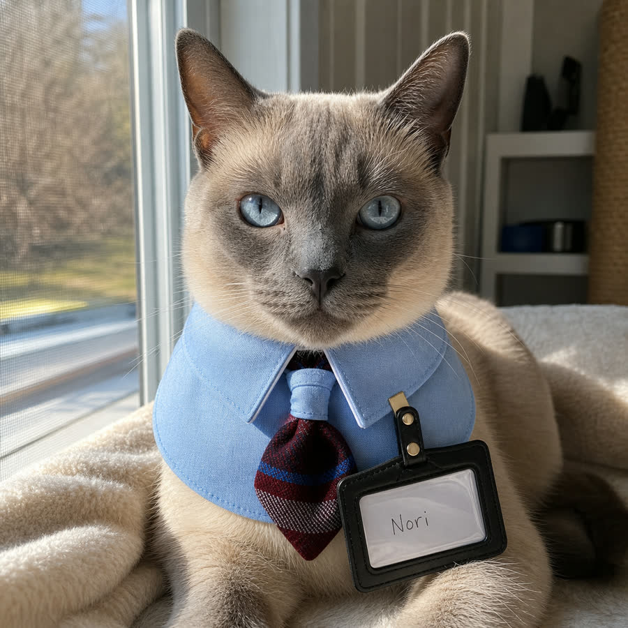 Siamese cat wearing the Academy Blue Shirt Pet Bib by a window