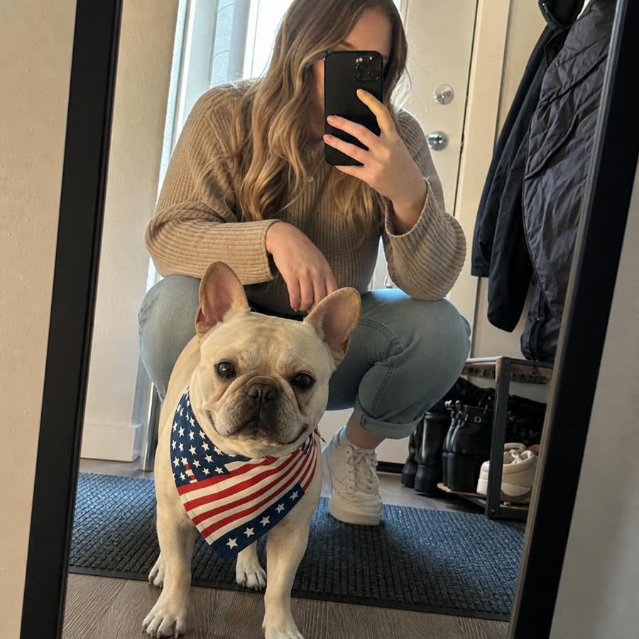 cream French bulldog with American Flag Pet Bandana in a apartment entryway mirror