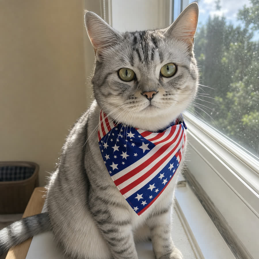 silver tabby cat with American Flag Pet Bandana in a window ledge with afternoon light