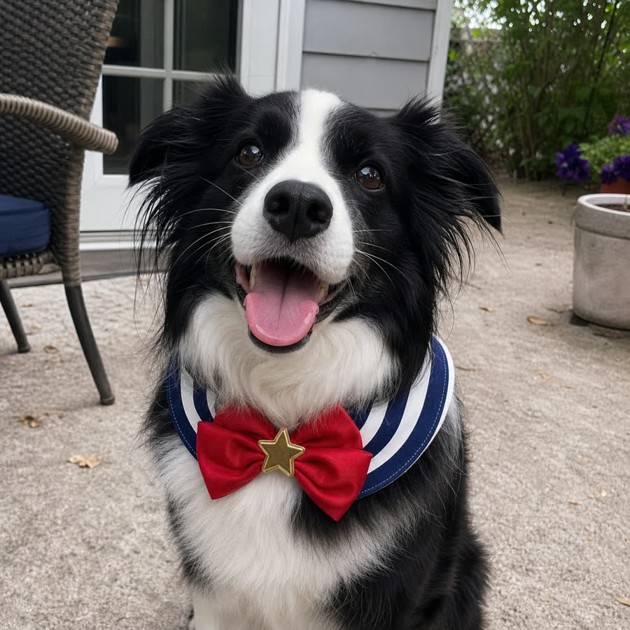 black-and-white border collie with Bowknot Pet Bib in a back patio after a walk