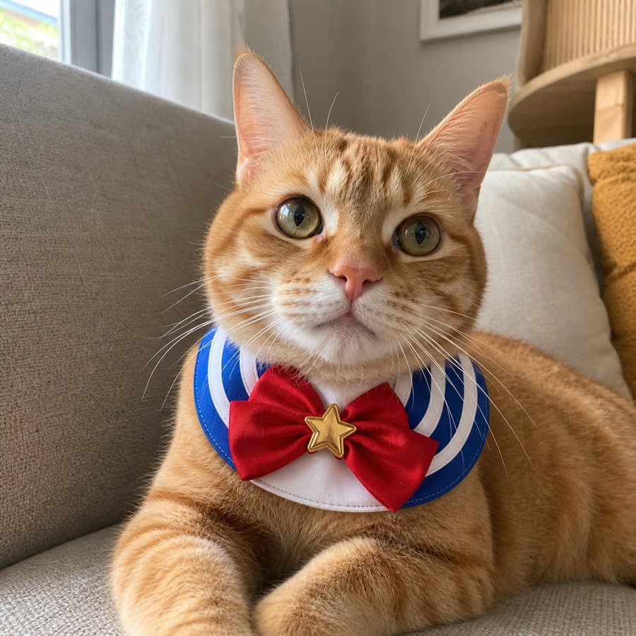 orange tabby cat with Bowknot Pet Bib in a cozy sofa corner
