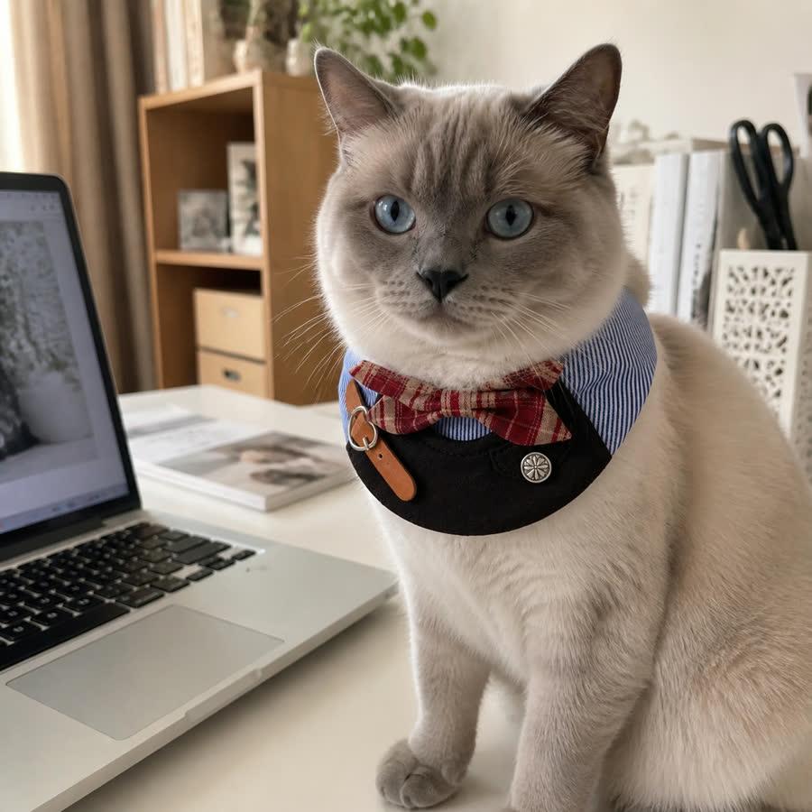 blue point Siamese cat with British Bowknot Pet Bib in a clean desk beside a laptop