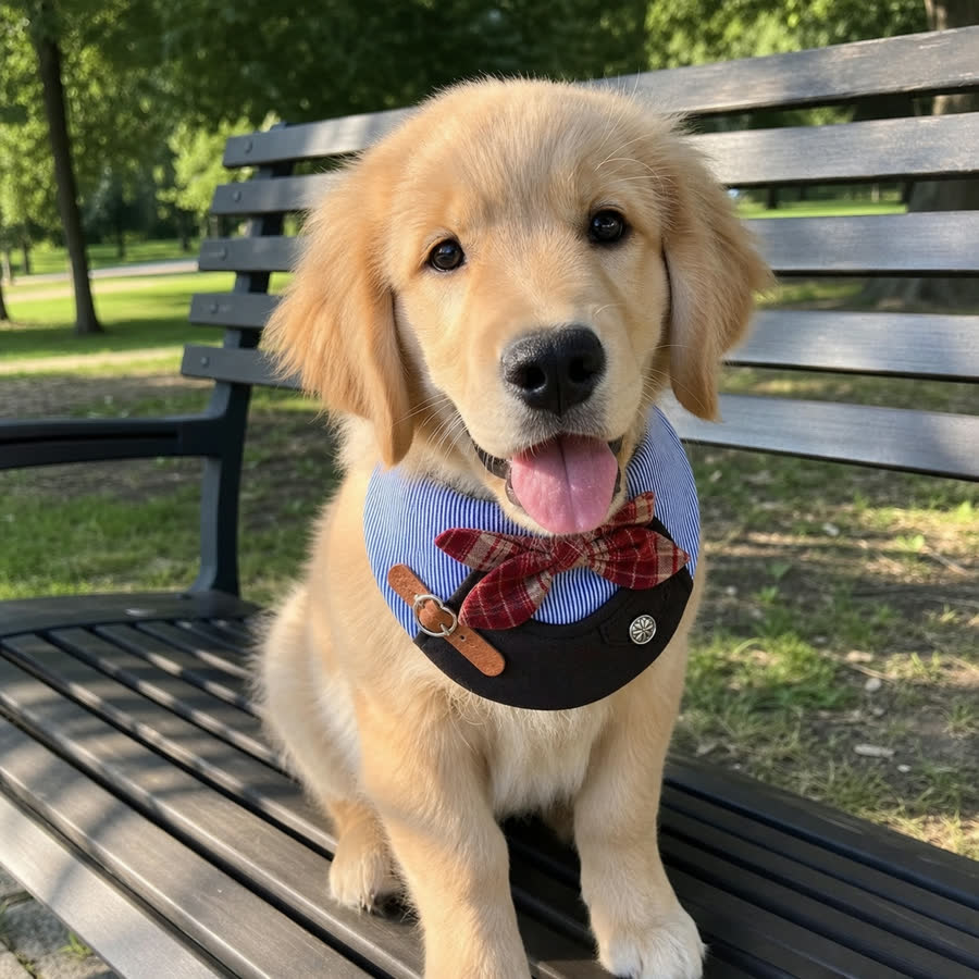 golden retriever puppy with British Bowknot Pet Bib in a sunny park bench