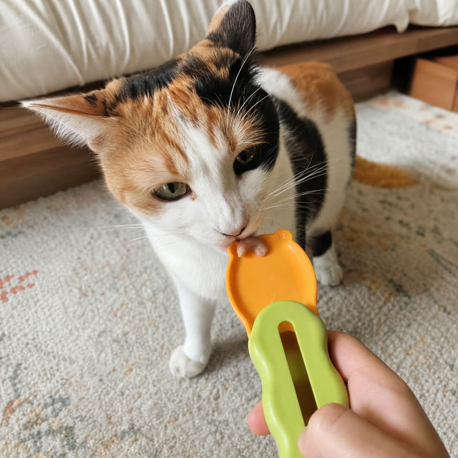 calico cat with Cat Treat Feeder in a warm bedroom rug