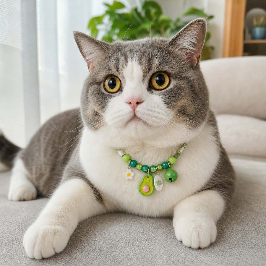 British shorthair cat wearing a colorful pet collar on a sofa