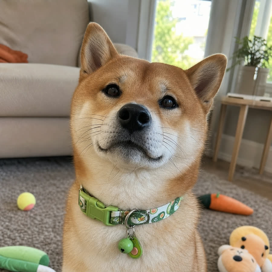 Shiba Inu with Colorful Pet Collar in a living room with toys in the background