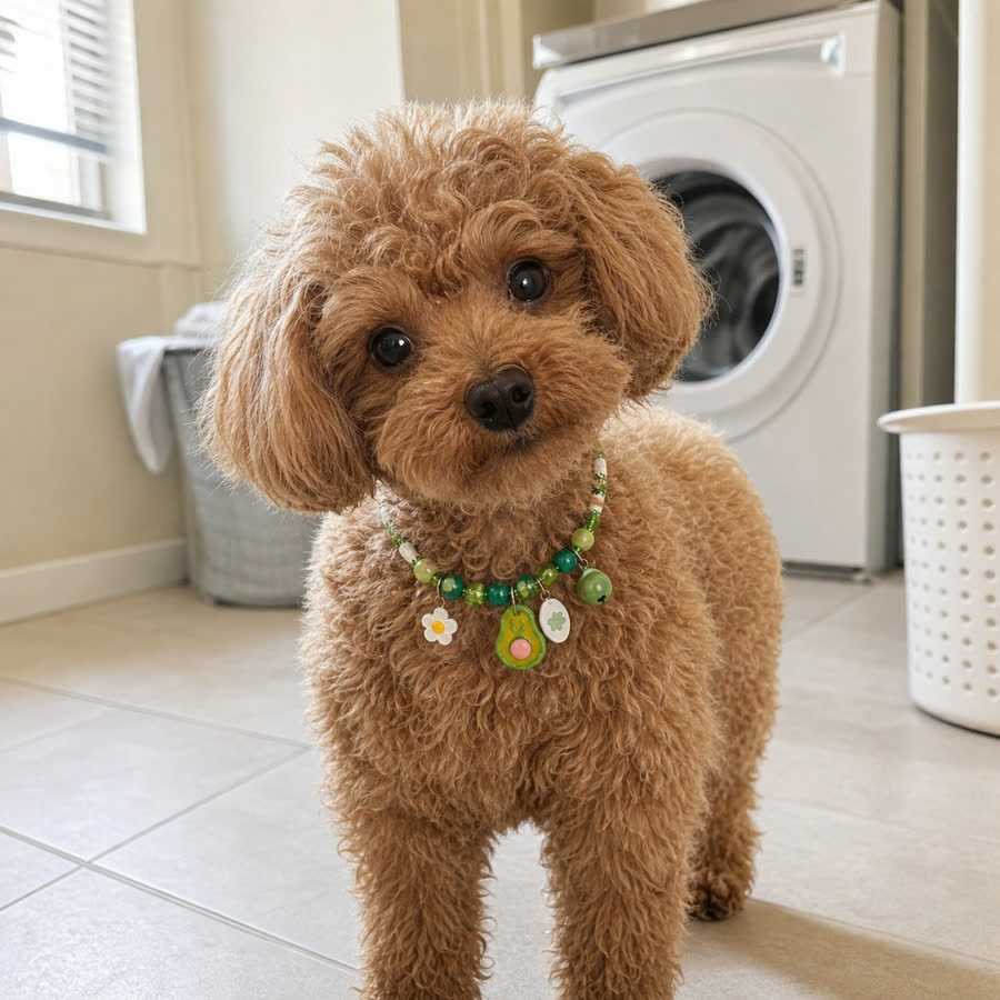 toy poodle with Colorful Pet Collar in a bright laundry room