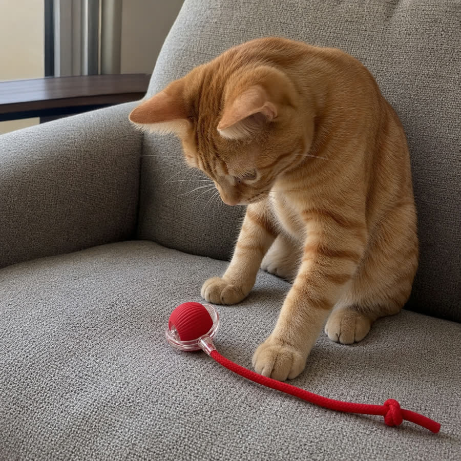 orange tabby cat with Electric Kitten Toy in a cozy sofa corner