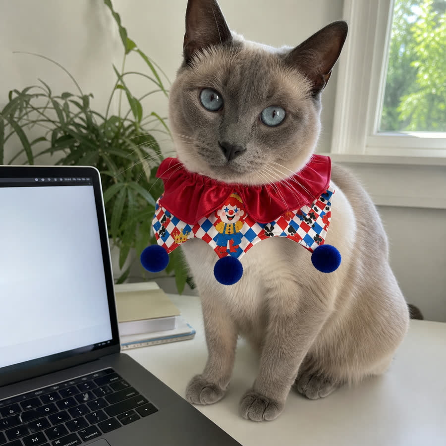 blue point Siamese cat with Joker Pet Bib in a clean desk beside a laptop