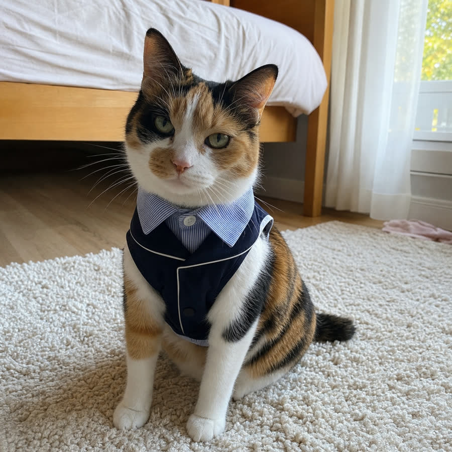 calico cat with Navy Stripe Pet Suit in a warm bedroom rug