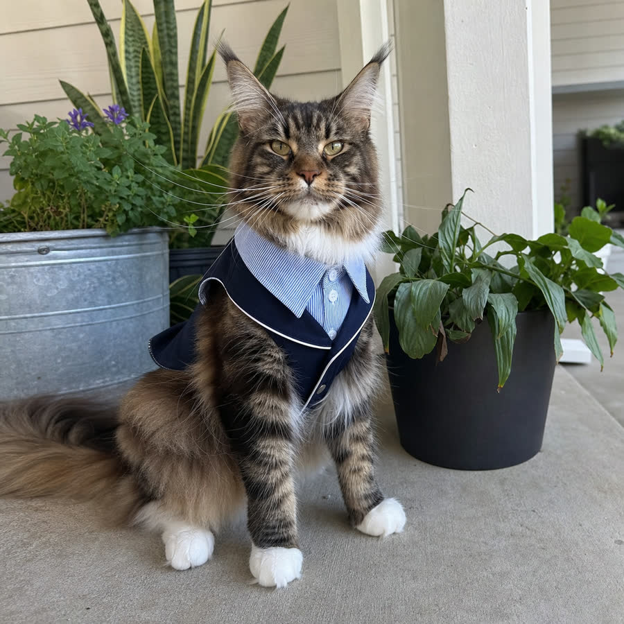 Maine Coon cat with Navy Stripe Pet Suit in a covered porch with plants