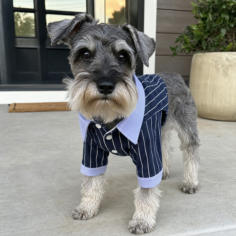 mini schnauzer with Navy Stripe Pet Suit in a front step in soft evening light